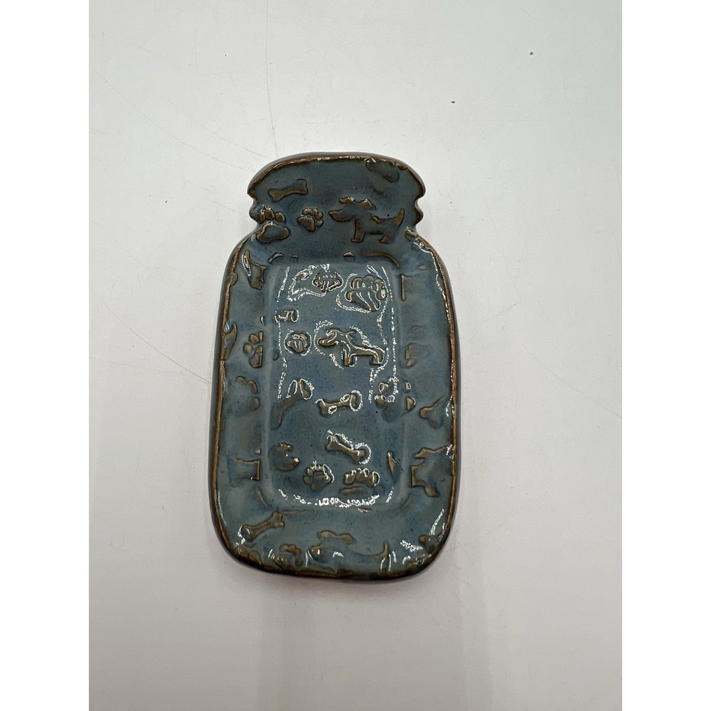 Handmade Pottery Dog Spoon Rest Blue Glaze Paw Print Bone Ceramic